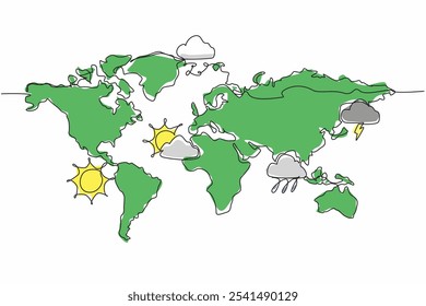 Um único desenho de uma linha mapa do mundo em várias regiões com muitos ícones de previsão do tempo. Meteorologistas preveem para os próximos dias. Dia Mundial da Meteorologia. Ilustração gráfica de design de linha contínua