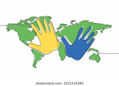 Una sola línea dibujando palmas amarillas y azules con el fondo del mapa del mundo. El síndrome se extendió por todo el mundo. Aumentar la concienciación. Día Mundial del Síndrome de Down. Ilustración gráfica de diseño de línea continua