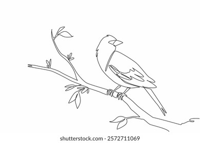 Single one line drawing yellow headed blackbird perched on a tree branch with leaves. Beautiful morning. Little bird songs. International Dawn Chorus Day. Continuous line design graphic illustration