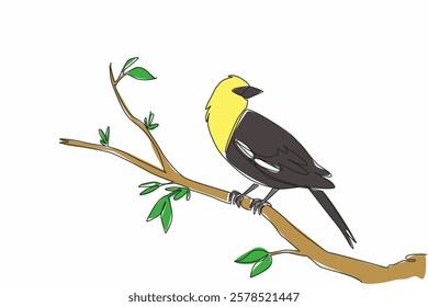 Single one line drawing yellow headed blackbird perched on a tree branch with leaves. Beautiful morning. Little bird songs. International Dawn Chorus Day. Continuous line design graphic illustration