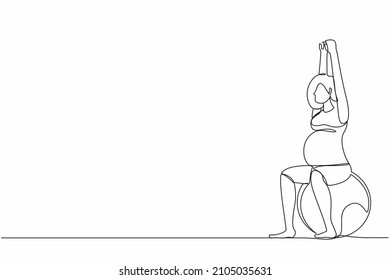 Single one line drawing yoga for pregnant woman concept. Fitness sport during pregnancy. Healthy lifestyle and relaxation. Girl with fitness ball. Continuous line design graphic vector illustration