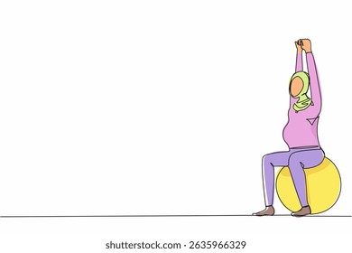 Single one line drawing yoga for Arab pregnant woman concept. Fitness sport during pregnancy. Healthy lifestyle and relaxation. Girl with fitness ball. Continuous line draw design vector illustration