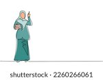 Single one line drawing young Arabian businesswoman wearing suit holding clipboard and pointing index finger up. Active person keeping file pad in hand. Continuous line draw design vector illustration