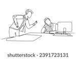 Single one line drawing young furious manager blaming his lazy staff about bad work performance and attitude. Work discipline at office concept. Continuous line draw design graphic vector illustration