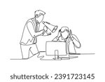 Single one line drawing young frustrated manager shouting his frightened male staff using megaphone. Work pressure at the office concept. Modern continuous line draw design graphic vector illustration
