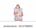 Single one line drawing a young beautiful woman hugging a large pillow. Hugging pillow with closed eyes. Feeling tired and sleepy. Sleep. World Sleep Day. Continuous line design graphic illustration