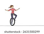 Single one line drawing a young beautiful woman riding a unicycle. Strong and brave woman. Entertaining the audience. Very balanced. Ride a Unicycle Day. Continuous line design graphic illustration