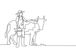 Single One Line Drawing Of Young Female Farmer Rubbing The Cow While Carrying A Bucket Of Water. Farming Challenge Minimal Concept. Modern Continuous Line Draw Design Graphic Vector Illustration.