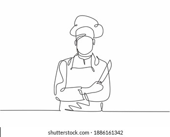 Single one line drawing of young confident handsome male chef holding kitchen knife and pose standing manly. Restaurant service excellent trendy one line hand drawn vector illustration minimalism