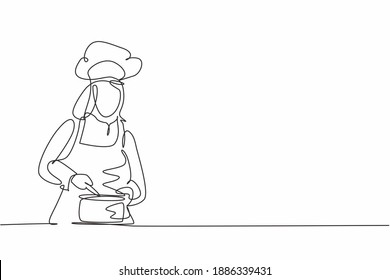 Single one line drawing of young beauty female chef stirring soup on pan to mix seasoning. Healthy organic vegan food modern template one line hand drawn vector illustration minimalism style