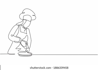 Single one line drawing of young happy female chef sparkling salt pepper into beef steak on grill pan at commercial kitchen. Modern template one line hand drawn vector illustration minimalism style