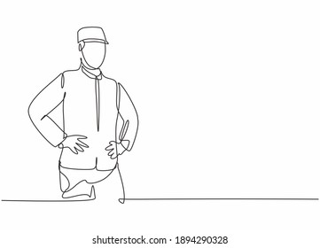 Single one line drawing of young bellboy wearing suit to wait the hotel guests. Professional work profession and occupation minimal concept. Continuous line draw design graphic vector illustration