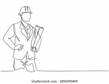 Single one line drawing of young male architect holding blueprint paper. Professional work profession and occupation minimal concept. Continuous line draw design graphic vector illustration