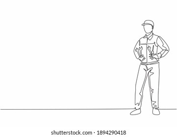 Single one line drawing of young male mechanic pose standing on workshop garage. Professional work profession and occupation minimal concept. Continuous line draw design graphic vector illustration