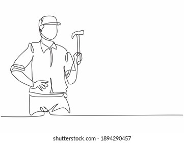 Single one line drawing of young handyman holding hammer ready to work. Professional job profession and occupation minimal concept. Continuous line draw design graphic vector illustration