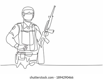 Dibujo de una sola línea de un joven soldado sosteniendo un arma de rifa. La profesión de trabajo profesional y el concepto mínimo de ocupación. Ilustración gráfica de diseño de trazos de línea continua