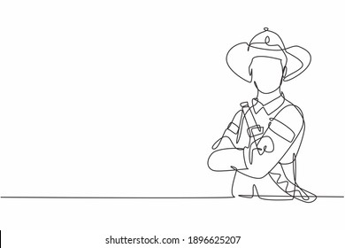 Single one line drawing of young male firefighter with uniform cross arm on chest. Professional work profession and occupation minimal concept. Continuous line draw design graphic vector illustration