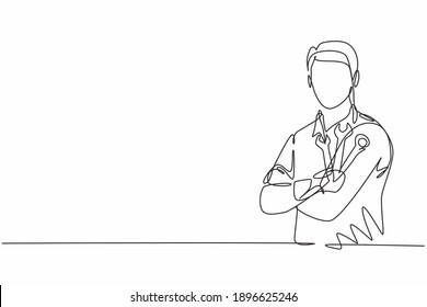 Single one line drawing of young male mechanic posing cross arm on chest. Professional work profession and occupation minimal concept. Continuous line draw design graphic vector illustration