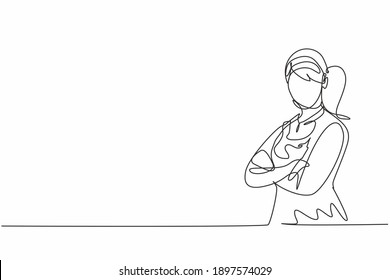 Single one line drawing of young female hotel maid pose cross arms on chest. Professional work profession and occupation minimal concept. Continuous line draw design graphic vector illustration