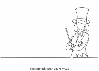 Single one line drawing of young female magician on tuxedo holding magic wand. Professional work profession and occupation minimal concept. Continuous line draw design graphic vector illustration