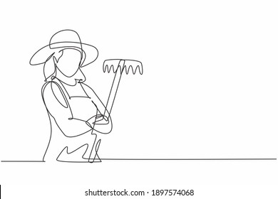 Single one line drawing of young female farmer pose cross arm while holding fork. Professional work profession and occupation minimal concept. Continuous line draw design graphic vector illustration