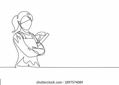 Single one line drawing of young female carpenter holding hammer pose cross arms. Professional work profession and occupation minimal concept. Continuous line draw design graphic vector illustration svg