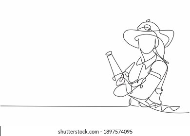 Single one line drawing young female firefighter holding water nozzle  Professional work profession   occupation minimal concept  Continuous line draw design graphic vector illustration