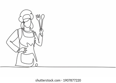 Single one line drawing of young beauty female chef posing with hands on hip. Professional work profession and occupation minimal concept. Continuous line draw design graphic vector illustration