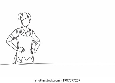 Single one line drawing young beauty female house maid posing and hands hip  Professional work profession   occupation minimal concept  Continuous line draw design graphic vector illustration