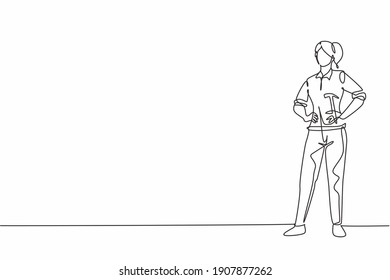 Single one line drawing of young female beauty carpenter posing with hands on hip. Professional work profession and occupation minimal concept. Continuous line draw design graphic vector illustration