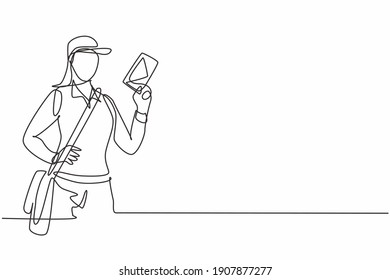 Single one line drawing young mail woman hold letter and posing with hands on hip. Professional work profession and occupation minimal concept. Continuous line draw design graphic vector illustration