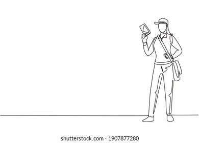 Single one line drawing of young beautiful post woman posing with hands on hip. Professional work profession and occupation minimal concept. Continuous line draw design graphic vector illustration