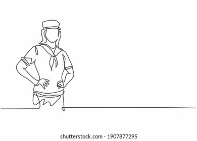 Single one line drawing of young beauty sailor female posing with hands on hip. Professional work profession and occupation minimal concept. Continuous line draw design graphic vector illustration