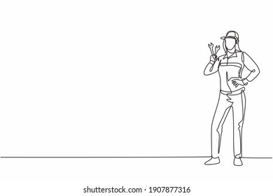 Single one line drawing of young beauty female mechanic posing with hands on hip. Professional work profession and occupation minimal concept. Continuous line draw design graphic vector illustration