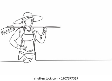 Single one line drawing young female farmer holding fork posing with hands on hip. Professional work profession and occupation minimal concept. Continuous line draw design graphic vector illustration