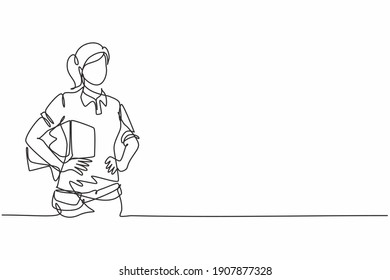 Single one line drawing of young delivery woman posing with hands hold box on hip. Professional work profession and occupation minimal concept. Continuous line draw design graphic vector illustration