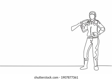 Una sola línea dibujando a una joven soldado parada y posando con las manos en la cadera. La profesión de trabajo profesional y el concepto mínimo de ocupación. Ilustración gráfica de diseño de trazos de línea continua