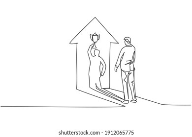 Single one line drawing of young smart business man facing lifting trophy shadow. Business financial market growth minimal concept. Modern continuous line draw design graphic vector illustration