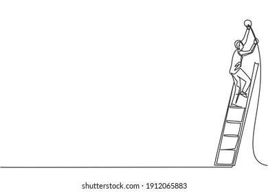 Single one line drawing of young smart handyman fix the high road lamp up with ladder. Business financial market growth minimal concept. Modern continuous line draw design graphic vector illustration