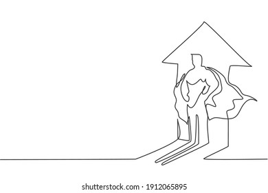 Single one line drawing young male superhero shadow on rising up arrow on the wall. Super hero character for kids idol minimal concept. Modern continuous line draw design graphic vector illustration
