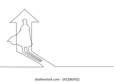 Single one line drawing of young smart business man shadow with up arrow light. Business financial market growth minimal concept. Modern continuous line draw design graphic vector illustration