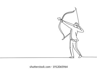 Single one line drawing of young smart business man focus take an arrow bow to hit target. Archery business manager minimal concept. Modern continuous line draw design graphic vector illustration