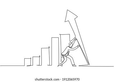 Single One Line Drawing Of Young Smart Business Man Lifting The Finance Graph Bar Up. Business Financial Market Growth Minimal Concept. Modern Continuous Line Draw Design Graphic Vector Illustration