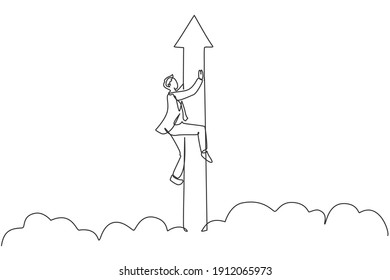 Single one line drawing young business man holding the flying up arrow sign through the cloud. Business market growth minimal concept. Modern continuous line draw design graphic vector illustration