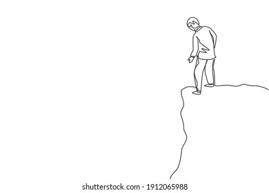 Single one line drawing of young smart business man looking down from top of the hill. Business risk and trap metaphor minimal concept. Modern continuous line draw design graphic vector illustration