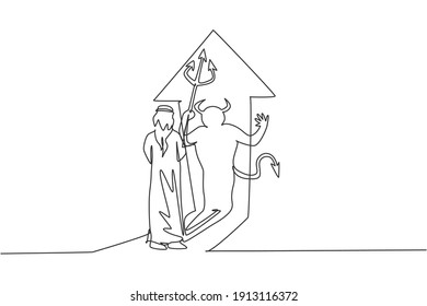 Single one line drawing of young Arabic businessman facing his scary devil shadow on wall. Hidden bad human character minimal concept. Modern continuous line draw design graphic vector illustration
