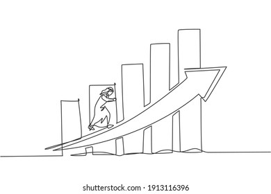 Single one line drawing of young Arabic businessman running climb the arrow graph up. Success business growth strategy minimal concept. Modern continuous line draw design graphic vector illustration