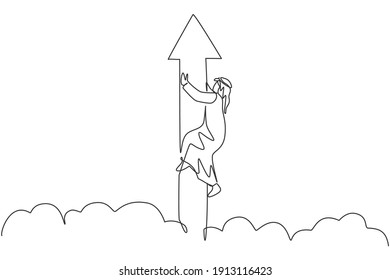 Single one line drawing young Arabic businessman holding up arrow sign while flying on sky. Success business growth strategy minimal concept. Continuous line draw design graphic vector illustration