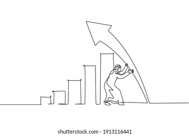 Single one line drawing of young Arabic businessman establish arrow bar sign up. Success business growth strategy minimal concept. Modern continuous line draw design graphic vector illustration