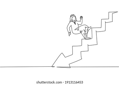 Single one line drawing of young Arabic businessman falling from stairs down to bankruptcy. Failure business strategy minimal concept. Modern continuous line draw design graphic vector illustration